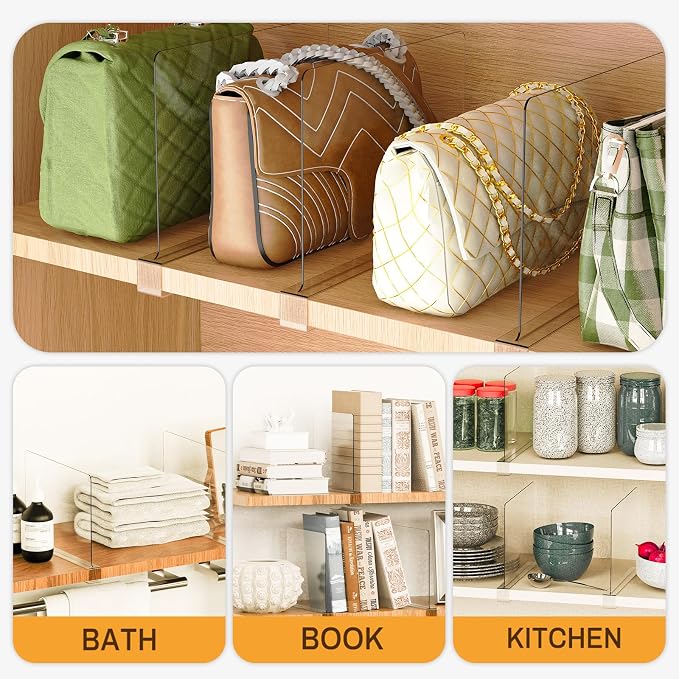 8 Pack Closet Shelf Dividers Purse Handbag Organizer Storage | Acrylic, Clear, Suitable for Kitchen, Office, Bookshelf, Cabinet, Sweater, Clothes, Towel, Bag Tall Separators Organization
