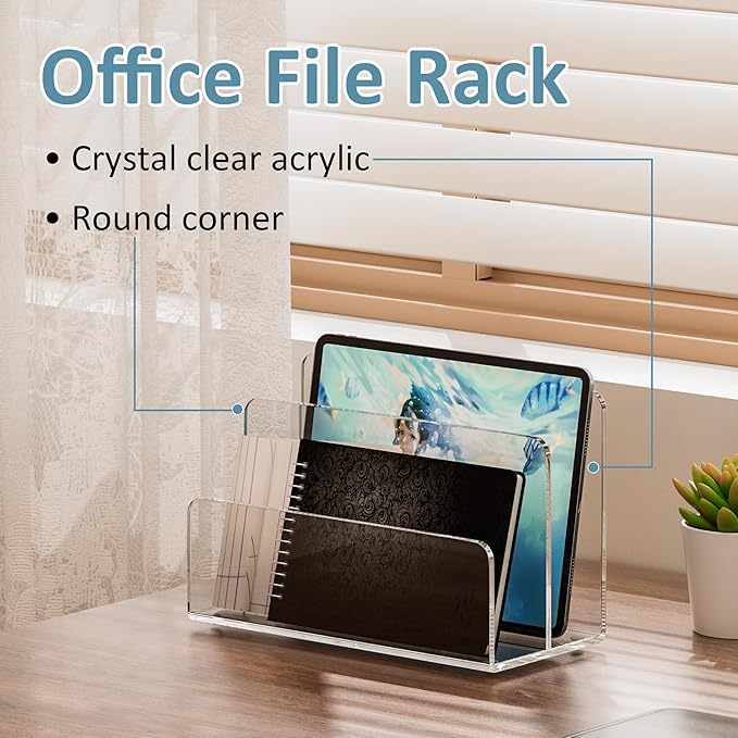 Sezanrpt Acrylic File Holder 2 Compartment, Clear Desk File Organizer, Office Magazine File Folder Organizer