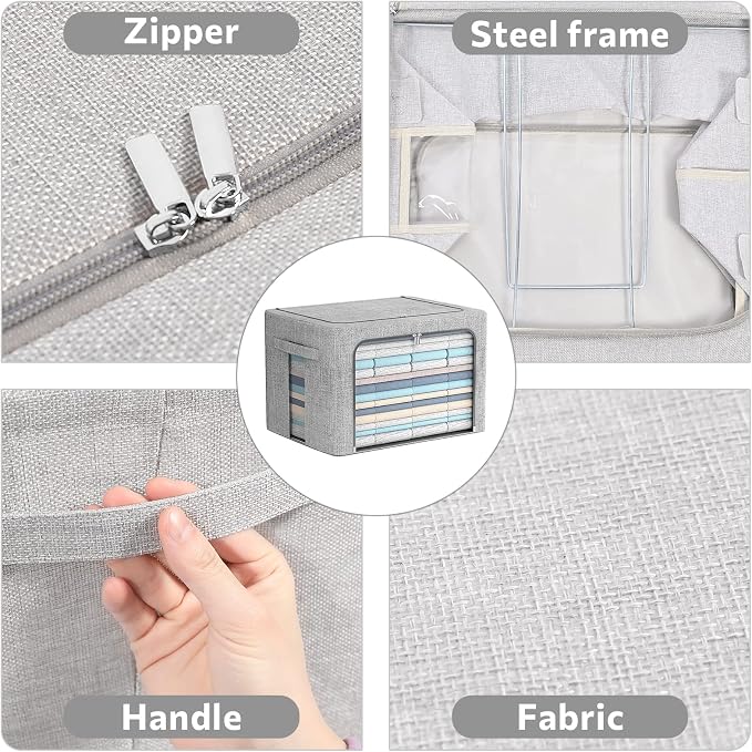 FHSQX 2 Pack Clothes Storage Bins Stackable Metal Frame Storage Box Large Capacity Foldable Linen Fabric Box Organizer with Carrying Handles and Clear Window (Light Gray, 19.7x 15.7x 12.6 Inch)
