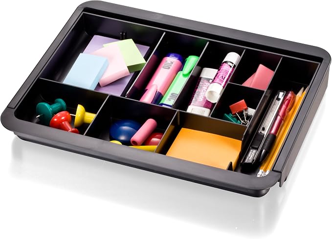 Officemate Expandable Drawer Organizer Tray, Adjustable 10.3"–16" Width, Customizable Compartments with Dividers, Recycled Plastic, Black