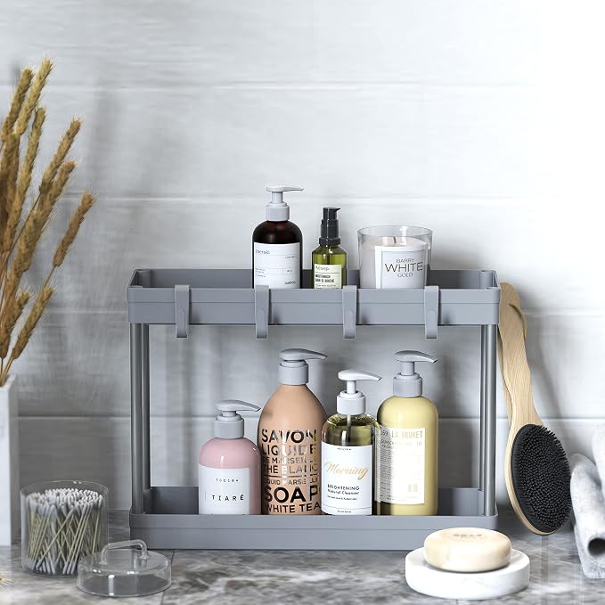 Simple Houseware 2-Tier Under Sink Organizer Storage Tray with Hooks, Grey