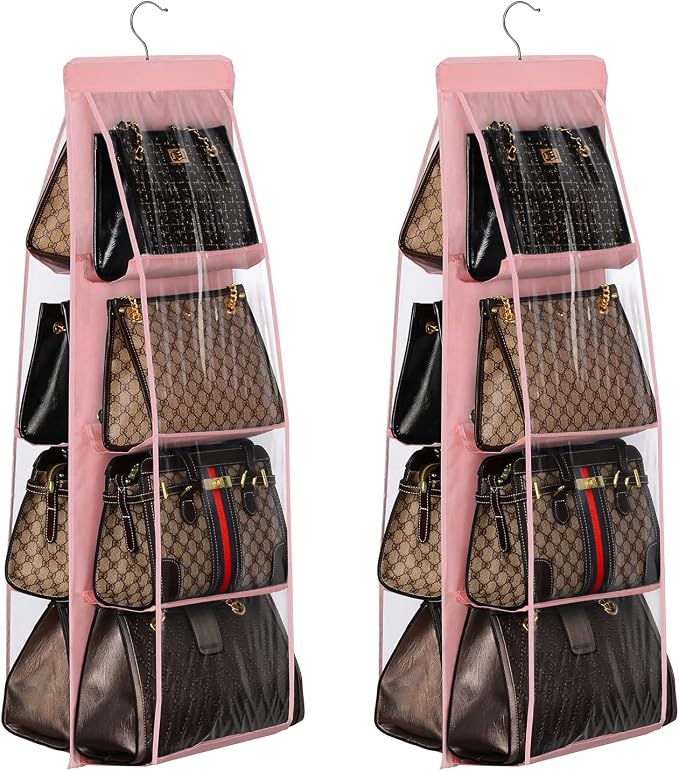 Lirex 2-Pack Handbag Hanging Purse Organizer for Closet, 8 Pocket Handbag Storage Organizer Hanger Oxford Cloth Closet Organizer for Family Closet Bedroom, Foldable and Universal Fit, Light Pink