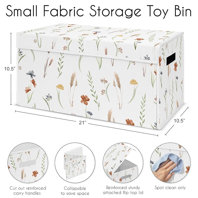 Sweet Jojo Designs Boho Floral Garden Flower Girl Collapsible Toy Storage Box Chest Organizer with Lid Baby Nursery Kid Children Room Watercolor Bohemian Farmhouse Wildflower Vintage Shabby Chic Green