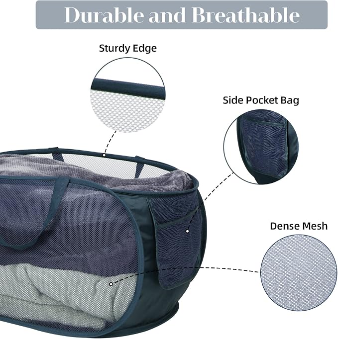 4 Pack Collapsible Laundry Baskets, Foldable Laundry Basket with Pocket, Durable Pop Up Hampers, Reinforced Handles Dirty Clothes Hamper for Laundry, Bedroom, Bathroom, Dorm, Travel or Camping Navy