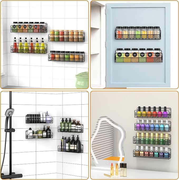 Wall Mounted Spice Rack Organizer, Pantry Door Organizer & Hanging Storage Baskets, Metal Spice Shelf for Kitchen Cabinet, 2 Depth Sizes Hold Large Jars to Nail Polish Bottles, 4 Pack