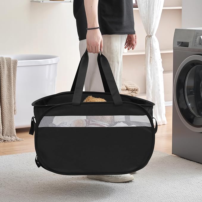 Collapsible Laundry Baskets, Foldable Tear Proof Pop Up Hamper with Reinforced Carry Handles, Durable Laundry Hamper for Home, Laundry, Bathroom, Dorm or Travel (Black)