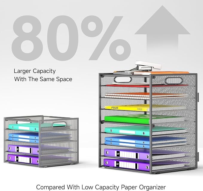 Cawukege 9 Tier Paper Organizer with Handle, 2 Pack Large Capacity Desk Organizer Mesh Paper Letter Tray File Folder Document Sorter for Classroom and Office Accessories Organization- Grey (2 Pack)