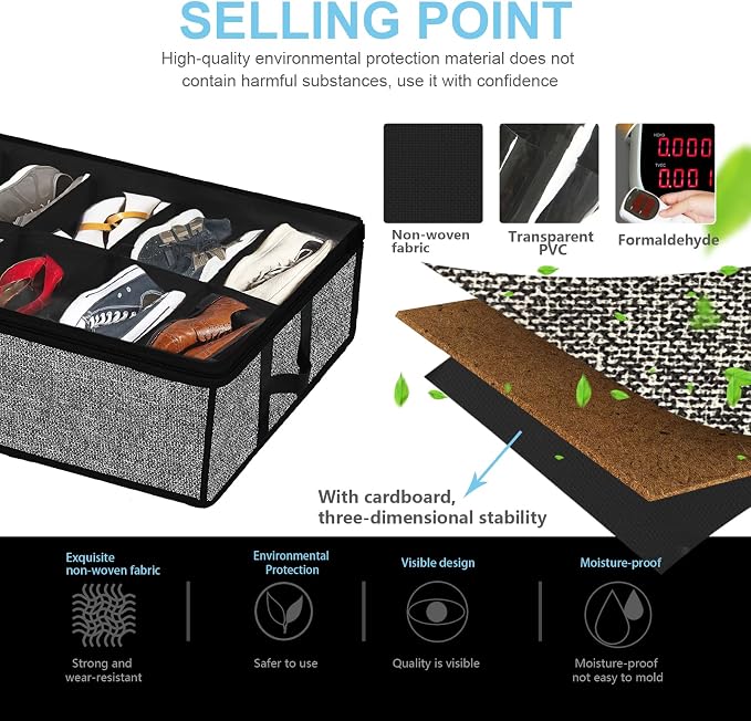 Under Bed Shoe Organizer Storage for Closet 2 Pack- Fits 24 Pairs Underbed Shoes Container Boxes with H Shap Sturdy Handles and Clear Window,Foldable Shoe Rack Holder,Black
