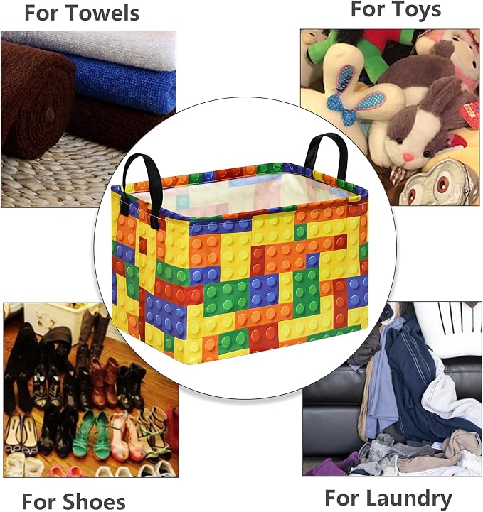 Colorful Building Blocks Print Storage Basket, Waterproof Lining Organizer Bins, Leather Handles, Collapsible for Kids Toys, Clothes, Laundry, Gift Basket