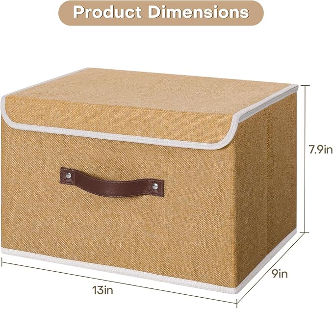 ANMINY Storage Bin with Lid Storage Boxes with PU Leather Handles PP Plastic Board Decorative Foldable Lidded Cotton Linen Fabric Home Cubes Baskets Closet Organizer Container - Khaki, Medium