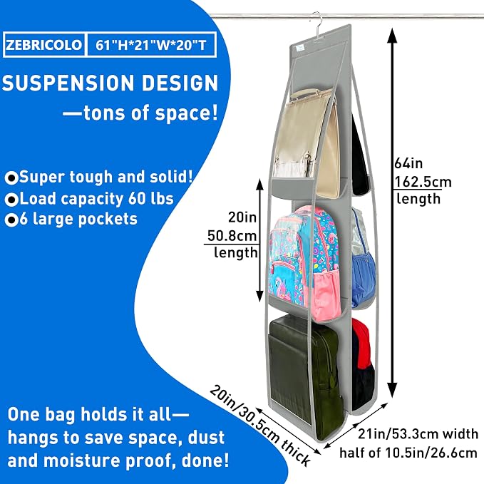 Purse Organizer for Closet, Large Capacity-19.69" Height for Oversized Purses&Tote Bags, Backpacks, Tall Boots, Purse Organizer,with 12 Boot Shapers, Hanging Purse Organizer, Grey