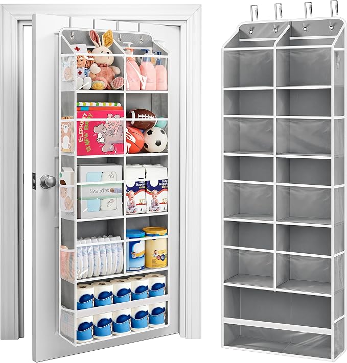JARLINK Over the Door Organizer Storage, 5-Tier Extra Large Hanging Storage with 10 Mesh Pockets, 100 lbs Capacity Behind Door Storage for Bedroom, Bathroom, Pantry, Nursery, (Grey)