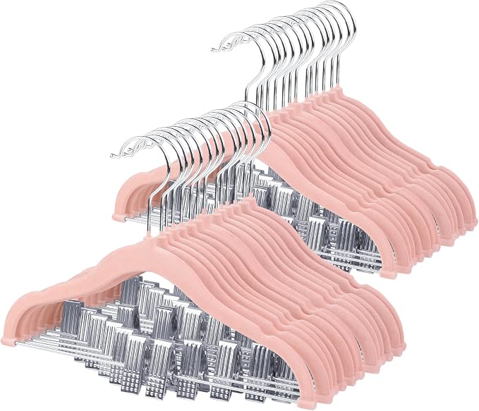 ManGotree 11.8'' Baby Velvet Hangers with Movable Clips, Non-Slip Kids Felt Hangers, Ultra-Thin Space-Saving Children's Clothes Hangers for Skirts, Pants, Dresses, Shirts, Jackets (28 Pack, Pink)
