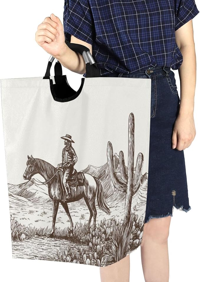 Ink Sketch Of Cowboy Riding Through Desert Large Laundry Hamper Basket, Collapsible Laundry Bag Storage Bins Baskets with Handles for Laundry, Bedroom, Home Decor
