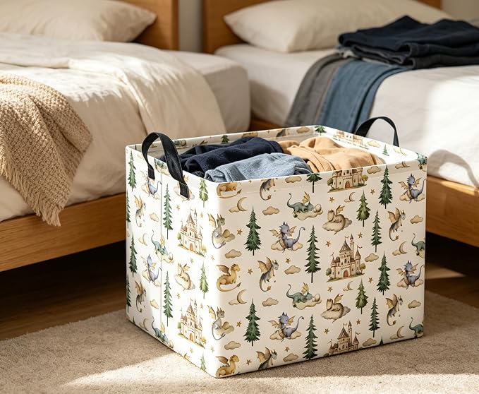 Rectangular Baby Kids Storage Basket for Home Kitchen Girls Cute Toy Storage Bin Organizer Shelf Book Room Decor(Castle Dinosaur)