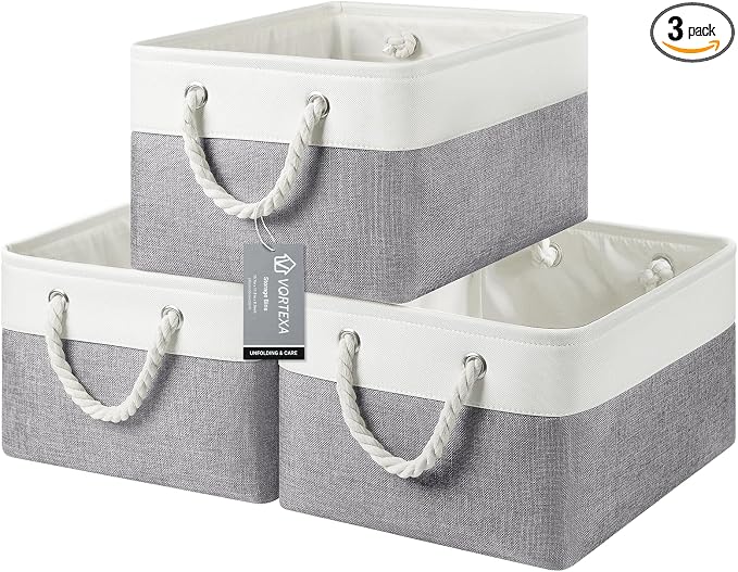 Large Storage Baskets- 15.7x11.8x8.26 inch Storage Bins for Shelves and Closet Organizing, Foldable Fabric Bin for Home Organization Clothes and Laundry (3-Pack, White&Grey)