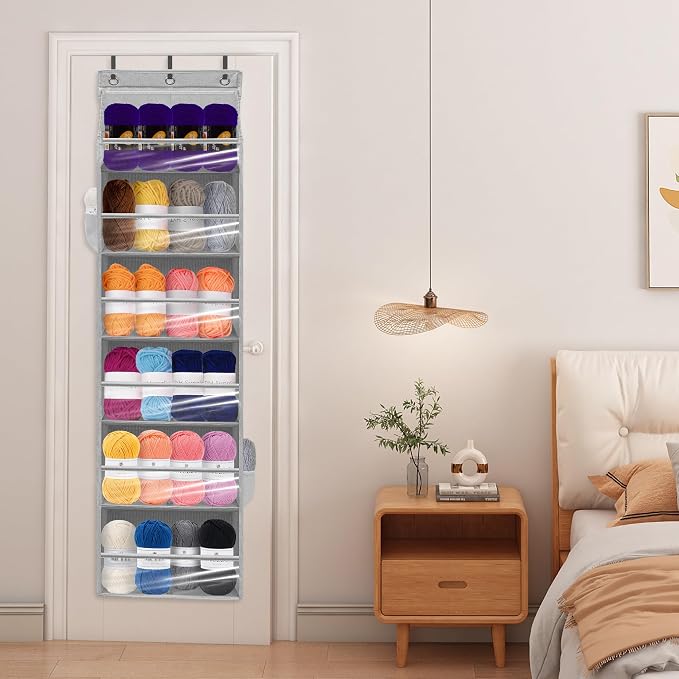 Over Door Organizer with 6 Extra Large Pockets 12 Side Pockets, Sturdy Closet Storage Rack, Hanging Storage Organizer with Clear Window for Shoes, Diapers, Bedroom, Bathroom, Grey