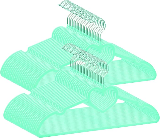 Velvet Hangers 50 Pack,16 Inch Non Slip Adult Heart Hanger (Green) | 360° Swivel Hooks, Cascade Design, Space Saving