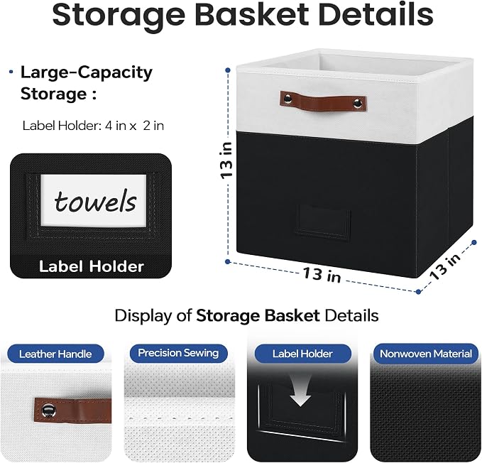 FinishingBo 6-Pack Storage Cubes with Handles & Label Holders Basket, Closet Cube Home Organizer Bins(White/Black, 13 x 13 x 13 inch)