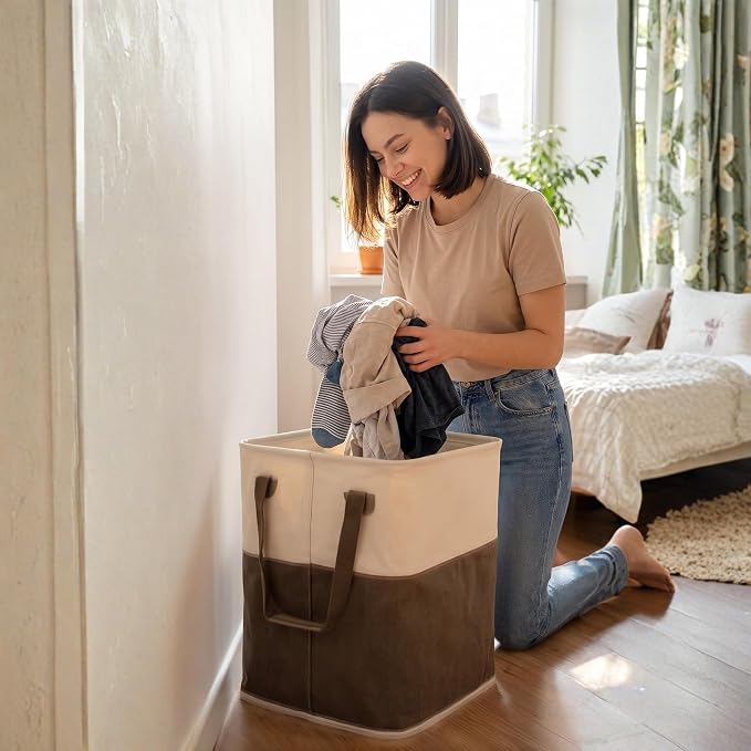 BIRDROCK HOME Square Cloth Laundry Hamper with Handles - Dirty Clothes Sorter - Easy Storage - Foldable - Brown and White Canvas