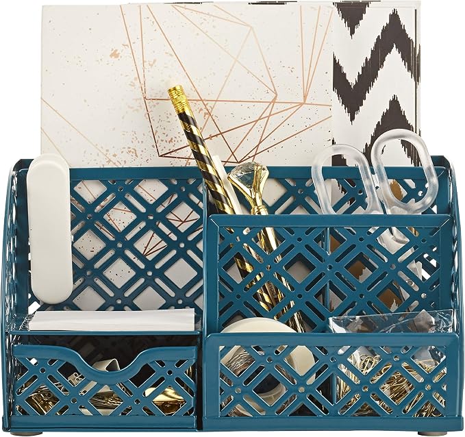 Exerz Desk Organizer Aegean Blue Office Desk Accessories Supplies Office Storage Desktop Pencil Pen Holder with Drawer Home Workspace