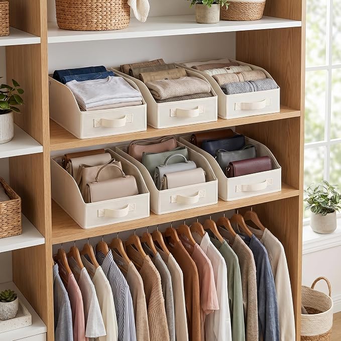 GRANNY SAYS Trapezoid Closet Storage Bins, Storage Baskets for Shelves, Linen Closet Organizers and Storage, Closet Organizer Bins for Clothes, Toys, Towels, Pearl White, 6-Pack