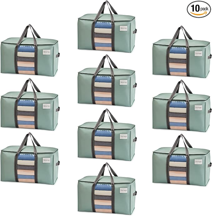 VENO 10 Pack Moving Bags with Clear Window, Heavy Duty Storage Bins with Lid, Around Handles, Tag, Zippers, Extra Large Totes Packing Moving Boxes Supplies for College Dorm Clothes (Light Green)