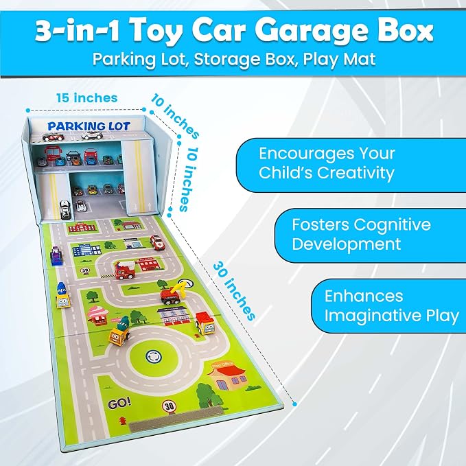 SAM AND MABEL Toy Car Garage Box with Play Mat – Kids' Racecar Storage Basket, Stackable and Collapsible Organizer Bin (Cars Not Included)