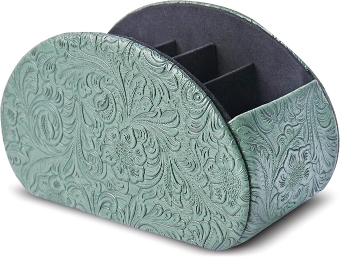 Remote Control Holder, PU Leather Remote Caddy Desktop Organizer with 5 Spacious Compartments for TV Remotes/Media Controllers/Office Supplies (1-Carved3 Green1
