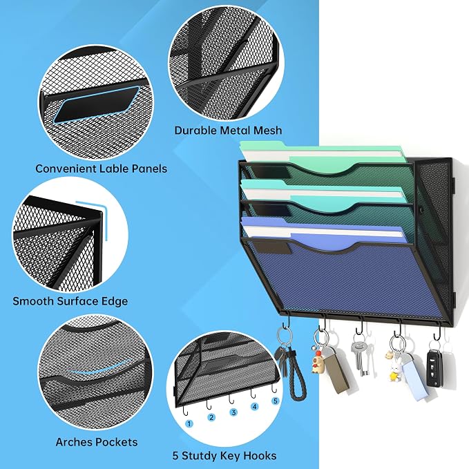 Gawerk Hanging Wall File Organizer with 5 Hooks - Wall Mounted Mail Paper Document Folder Holder, Sturdy Mesh Magazine Rack for Office Home (3 Tier)