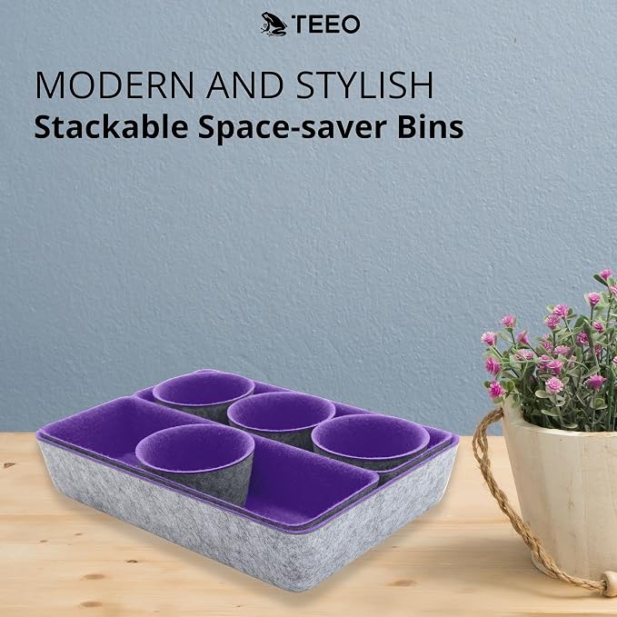 Teeo - Drawer Organizer Tray - Bathroom Drawer Storage - Purple Office Supplies Desk Accessories - Drawer Makeup Organizer - Home Office Cosmetic Bins Dividers Box Compartment - Pack of 7, Purple