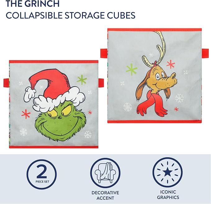 Idea Nuova Storage Cubes for Kids,2 Pack Collapsible Fabric Bins with Handles, Holiday Organizer Boxes for Bedroom, Playroom & Nursery, Festive Christmas Storage Baskets,Grinch Dr. Seuss
