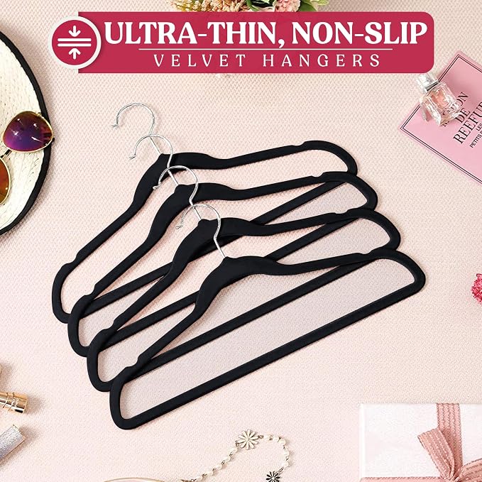 LDC Black Velvet Hangers 30 Pack - Premium Non-Slip Clothes Coat Pants Felt Hanger for Closet - Heavy Duty Space Saving 360° Swivel Hook Hangars - Black