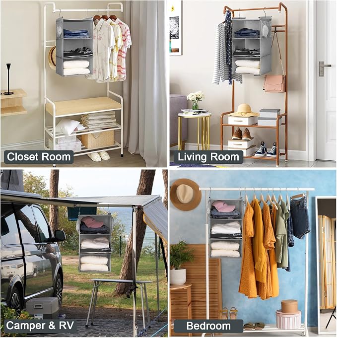 MAX Houser 3 Tier Shelf Hanging Closet Organizer, Space Saver,Closet Hanging Shelf with 2 Sturdy Hooks for Storage, Foldable (Grey)