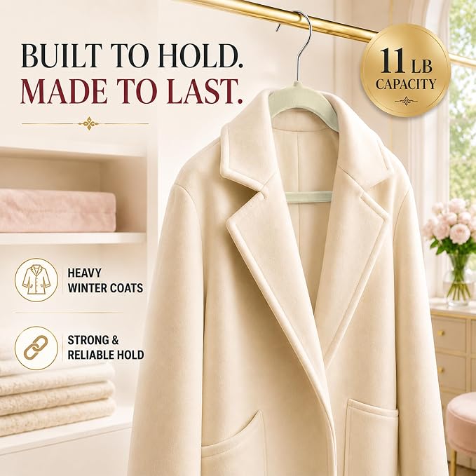 LDC Ivory Velvet Hangers 50 Pack - Premium Non-Slip Clothes Coat Pants Felt Hanger for Closet - Heavy Duty Space Saving 360° Swivel Hook Hangars - Ivory