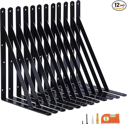 NEODROP 12-Pack 16 Inch Heavy Duty Shelf Brackets, Thicken Wall Bracket for Garage Floating Storage Shelves, 90 Degree Triangle Large L Bracket, Black Powder-Coated Steel