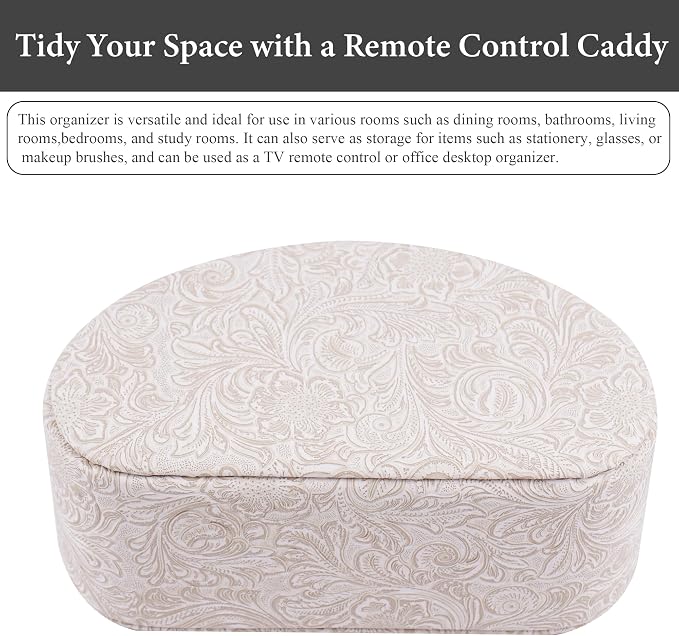 Remote Control Holder, PU Leather Remote Caddy Desktop Organizer with 5 Spacious Compartments for TV Remotes/Media Controllers/Office Supplies (1-Carved3 White