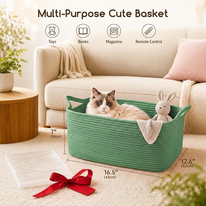 OIASKET Large Empty Cotton Rope Gift Basket with Handles, 16.5"x12.6"x7" Decorative Woven Storage Basket with Gift Bag and Ribbon Set for Baby Shower, Toy Organizer for Kids, Dogs & Cats - Green