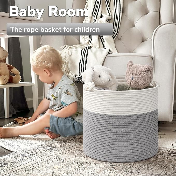 Goodpick Toy Basket for Kids, Woven Rope Blanket Basket for Living Room Nursery Baby Laundry Baskets for Organizing Clothes, Gray