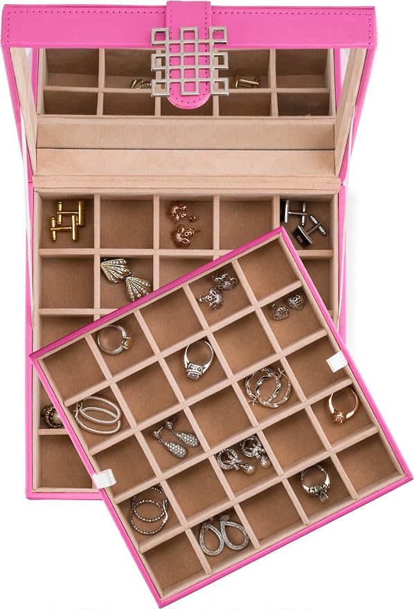 Glenor Co Earring Organizer - Classic 50 Section Jewelry Box/Case/Holder for Earrings, Rings, Necklaces, Jewelry, Cufflinks or Collections -2 Layer Small Compartments with Large Mirror - Pink