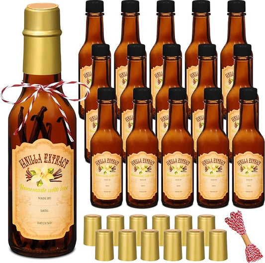 Tioncy 16 Pcs Empty Vanilla Extract Bottles for Homemade Vanilla Jar Glass Bottle with Cap, Shrink Band, Sticker DIY Crafts Wedding Gift Food Storage Canister for Bean