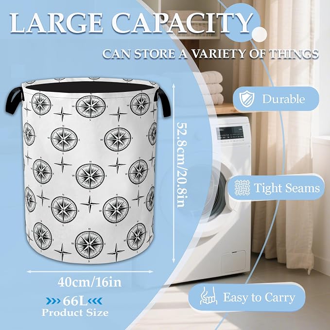Black Compass Laundry Basket Collapsible Laundry Hamper Clothes Storage Bin for Bathroom Bedroom Room Decor 16" X 20.8"