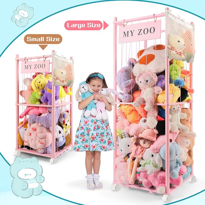 GLDZI Stuffed Animal Storage Zoo with Wheels, Wooden Stuffed Animal Organizer with Elastic Cords, Space Saving Toy Plushies Storage Holder for Playroom, Bedroom, Living Room(Pink, Small)