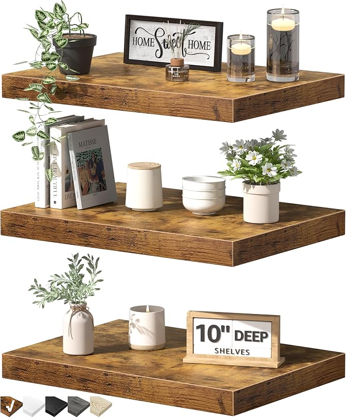 QEEIG 10" Deep Floating Shelves for Wall - 10 x 16 inch Book Shelf Bathroom Bedroom Kitchen Living Room Hanging Bookshelf Farmhouse Set of 3, Rustic Brown (025-40BN3)