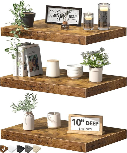 QEEIG 10" Deep Floating Shelves for Wall - 10 x 16 inch Book Shelf Bathroom Bedroom Kitchen Living Room Hanging Bookshelf Farmhouse Set of 3, Rustic Brown (025-40BN3)