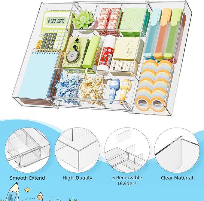 Marbrasse Expandable Desk Drawer Organizer, Clear Plastic Drawer Organizer Tray with 10 Adjustable Compartments, Desk Organizers and Accessories, 5 Drawer Dividers for Office Supplies, Makeup(Clear)