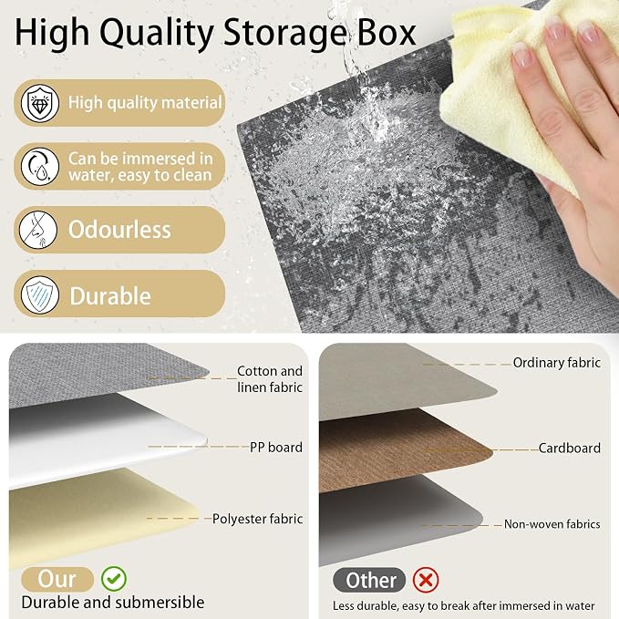 Yawinhe Collapsible Storage Bin, Cube Organizer Basket, Fabric Box with Lids, Washable and Leather Handle, for Home, Closet, White/Grey, 13.0''Lx9.0''Wx7.9''H, 1-Pack, SNK024WGS-1