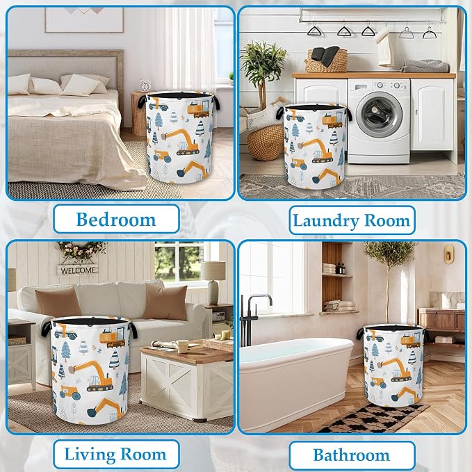 Cartoon Excavator Laundry Basket Collapsible Laundry Hamper Clothes Storage Bin for Bathroom Bedroom Room Decor 16" X 20.8"