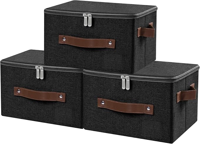 ANMINY 3PCS Storage Bins with Zipper Lid Storage Boxes with Label Holder PU Leather Handles Washable Foldable Decorative Lidded Cotton Linen Fabric Cubes Baskets Closet Organizer - Black, Small