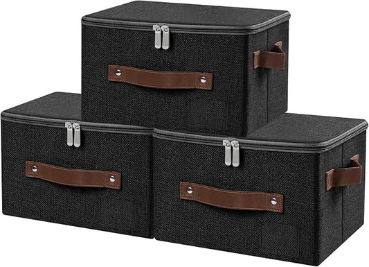 ANMINY 3PCS Storage Bins with Zipper Lid Storage Boxes with Label Holder PU Leather Handles Washable Foldable Decorative Lidded Cotton Linen Fabric Cubes Baskets Closet Organizer - Black, Small